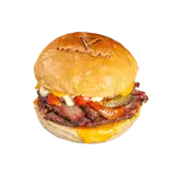 hamburger ,con carne affumicata e peperoni e una maionese con rafano fresco,il panino è succoso e colante di cheddar
